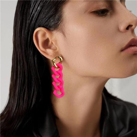 Chunky Chain Link Earrings | Statement Pastel Candy- Red Resin Drop Earrings - Picture 1 of 6